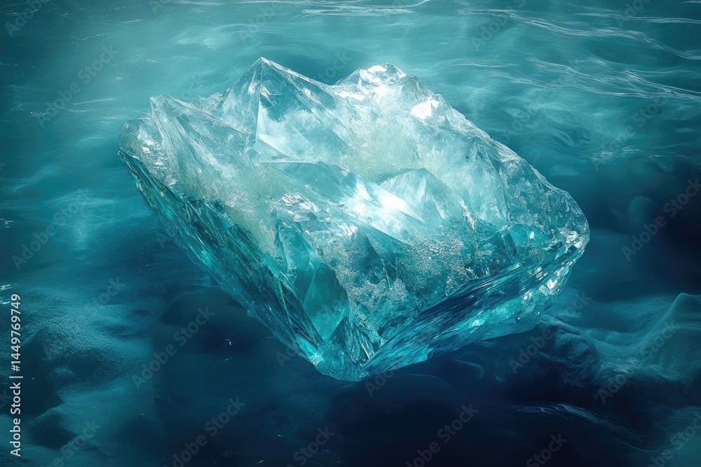 Poster a large, translucent chunk of ice floats in teal water, showcasing intricate crystalline structures.