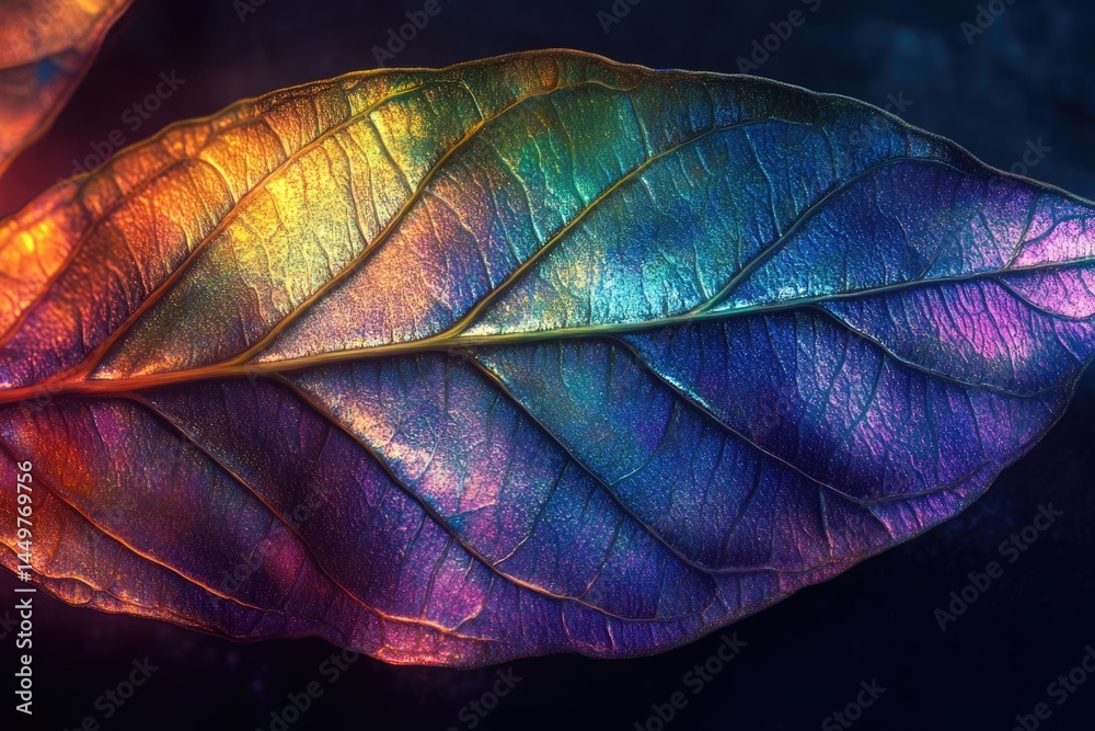 Poster close-up of iridescent leaf showcasing vibrant, multicolored texture and intricate details.