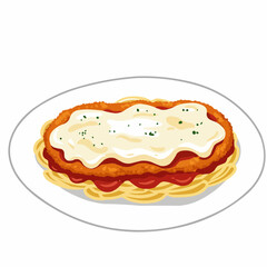 Cartoon-style chicken parmesan on a plate with sauce and a garnish of herbs