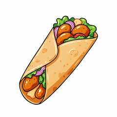 Illustration of a wrap. It contains meat, lettuce, onions, and tomato in the wrap