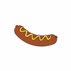 Cartoon-style hotdog with mustard on a white background, isolated, vector graphics