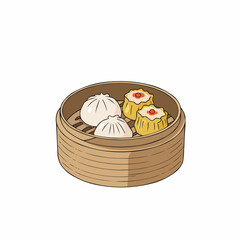 Bamboo steamer with bao bun and dumpling. Delicate cartoon-style drawing of Asian snacks