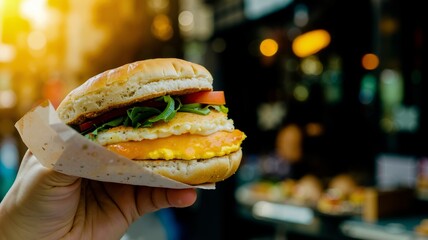 A person holding a hamburger in their hand