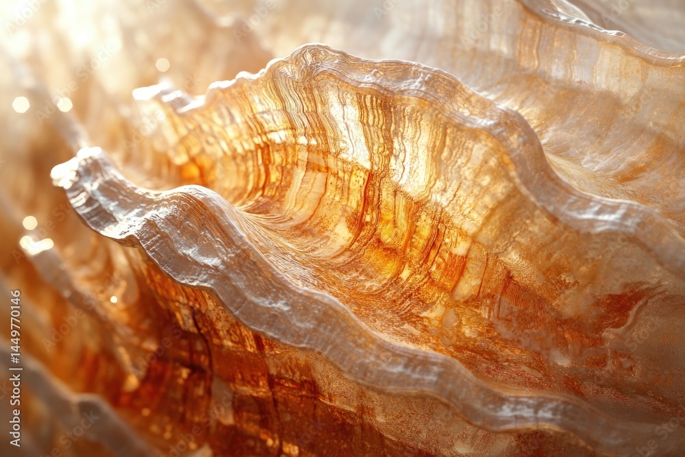 Aufkleber close-up of a translucent, wavy, amber-toned object resembling a shell or geological formation.