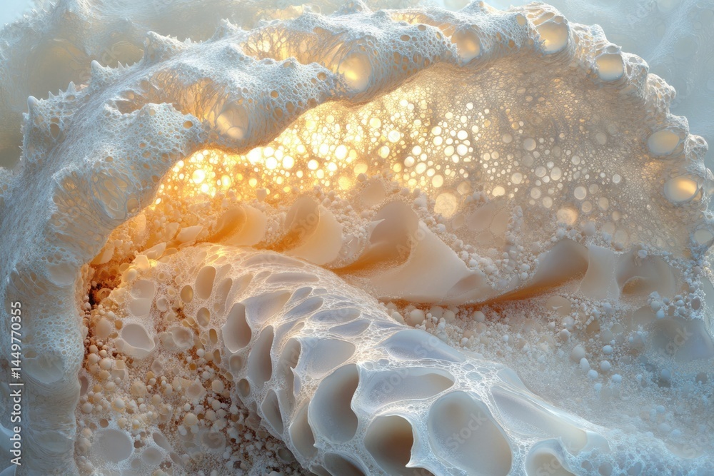 Poster a mesmerizing abstract image depicting a porous, cavernous structure illuminated by warm light, rese
