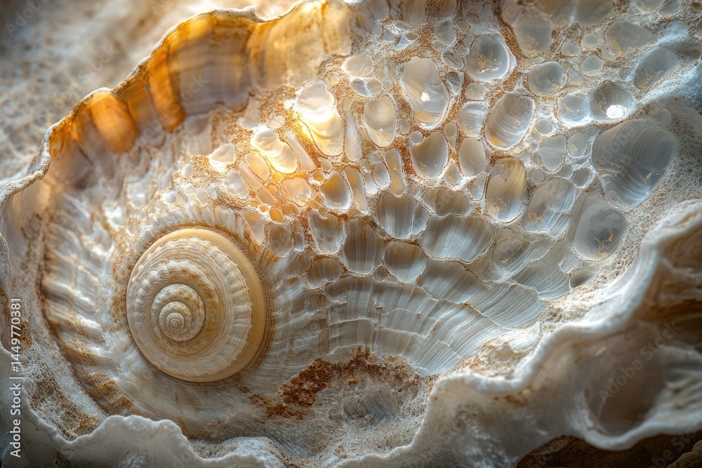 Aufkleber close-up of a seashell's intricate texture, revealing a spiral and porous structure.