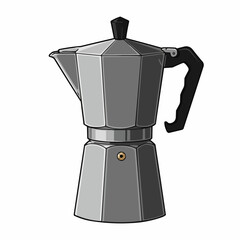 Silver coffee maker with dark handle and top on white. Italian espresso machine