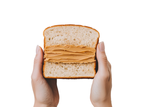 Peanut butter sandwich held by hands with soft bread texture, cut out