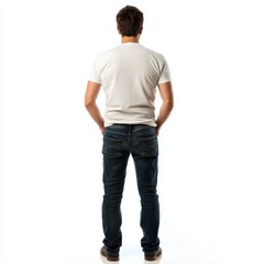 Person Standing On White. Caucasian Male in Jeans, Back View on Studio Background