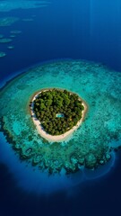 A small island in the middle of the ocean surrounded by palm trees
