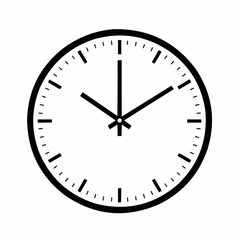 A clock face displays the time with clear, black hour and minute hands on a white background