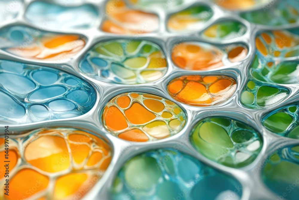 Aufkleber abstract image of vibrant, interconnected, colorful cells or bubbles with a metallic framework.