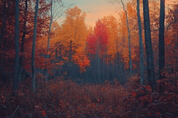 Fototapeta premium Autumn forest trees in orange red and yellow hues vivid gradient sky at golden hour rich leaf textures glowing atmosphere serene nature