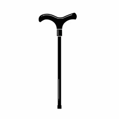 Black silhouette of a walking stick with curved handle on a stark white background