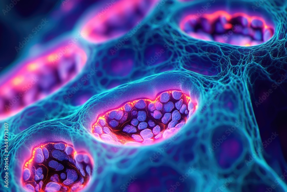 Aufkleber microscopic view of vibrant cells, possibly depicting a biological structure or process.