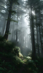 Obraz premium Ethereal sunlight pierces through a mystic forest canopy, illuminating dense evergreen trees in a tranquil scene