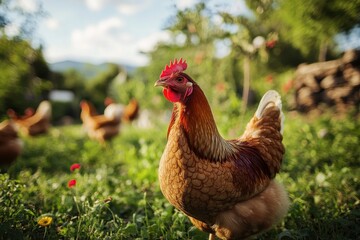 Pet Chicken. Caring for Free-Range Chickens Outdoors in Summer
