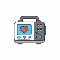Cartoon defibrillator device with screen showing a heart rhythm and buttons on the side