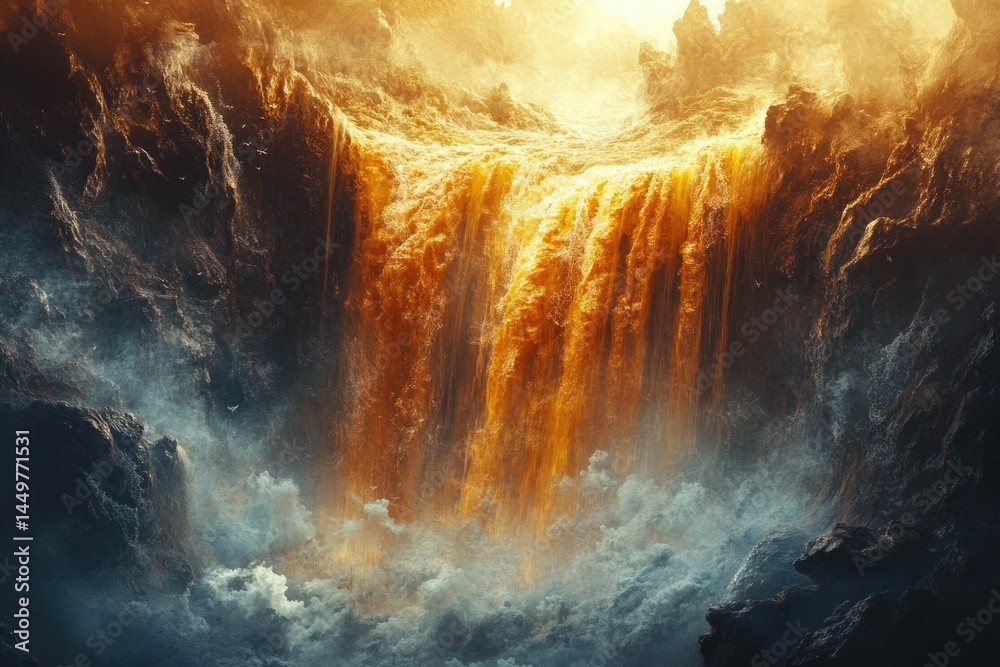 Poster golden waterfall cascading down dark, rocky cliffs, creating a dramatic, ethereal scene.