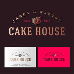 Cake house gold logo. Cakes and pastry emblem. Bakery and cafe logo. A piece of cake and letters. Business card.