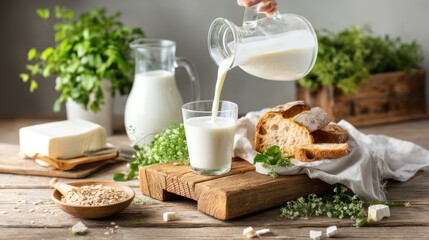 Fresh milk poured into a glass, with bread and herbs