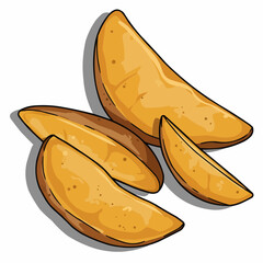 Golden potato wedges with shadows against a white background