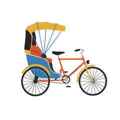 Stylized illustration of a colorful, flat-design cycle rickshaw with a yellow canopy