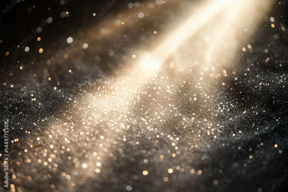 Poster golden glitter sparkles on dark background, illuminated by a light beam, creating a magical, festive