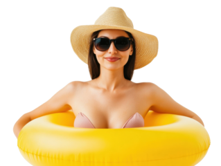 Relaxing summer woman in pool with yellow float and hat, cut out