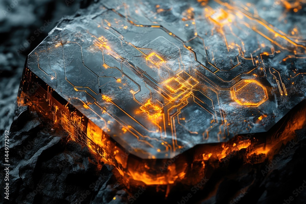 Aufkleber Glowing circuit board embedded in a dark, rocky surface, futuristic technology concept.