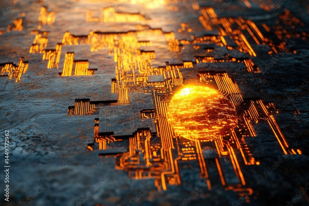 Poster Glowing circuit board with embedded sphere, depicting technological advancement and interconnectedness.