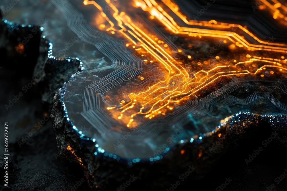 Aufkleber Glowing circuit board embedded in a dark, rocky surface, futuristic technology concept.
