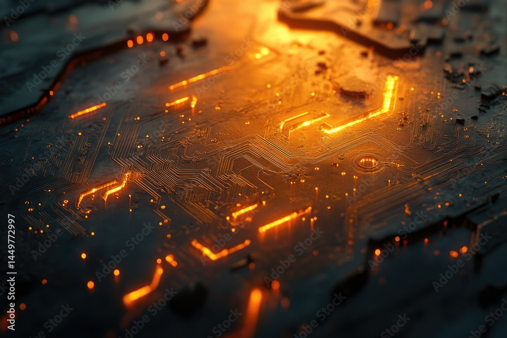 Poster Close-up of a glowing circuit board, showcasing intricate pathways and illuminated connections.