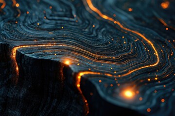 Abstract dark background with glowing orange lines resembling a lava flow or energy stream in a textured surface.