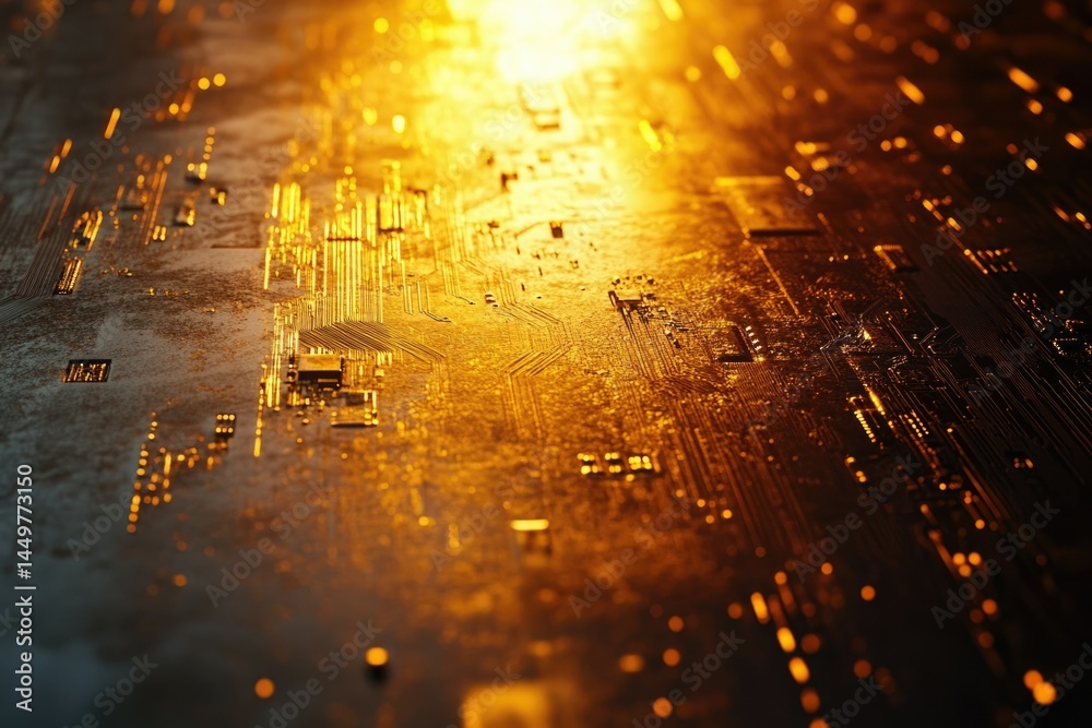 Poster Close-up of a golden circuit board illuminated, showcasing intricate electronic pathways and components.
