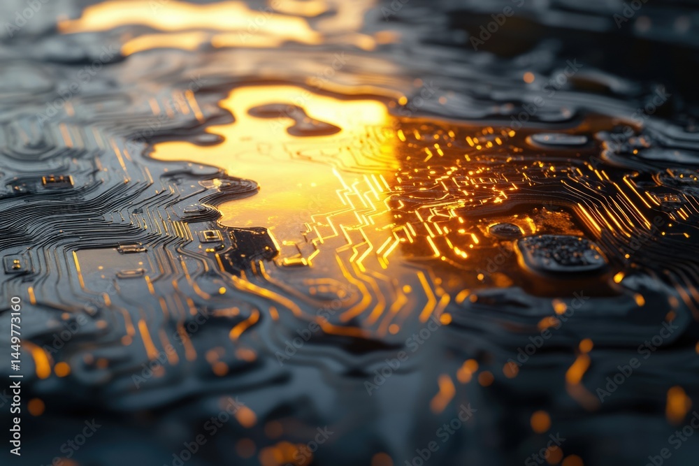 Poster abstract close-up of a circuit board, illuminated with warm, golden light, showcasing intricate path