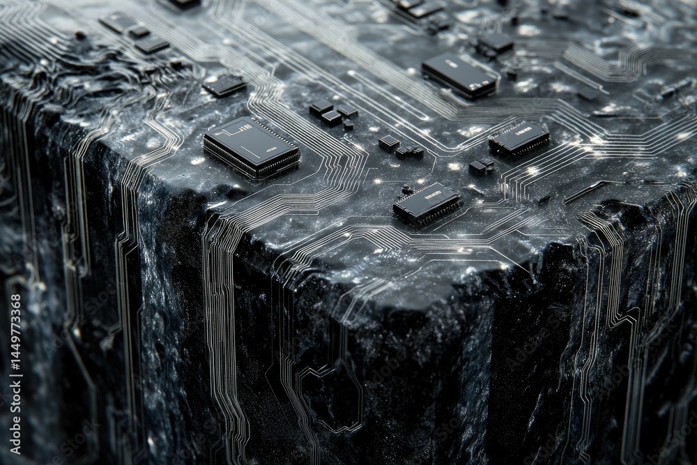Poster a weathered, rocky surface reveals intricate circuitry, suggesting a fusion of nature and technology