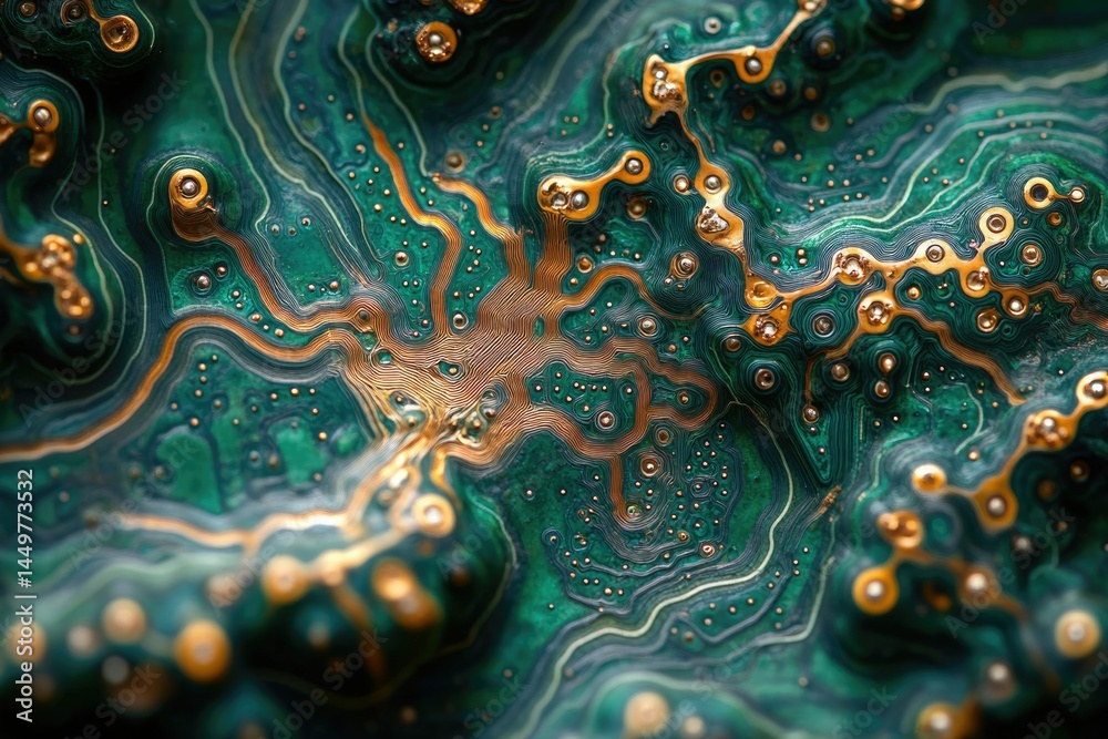 Aufkleber close-up of a circuit board with intricate gold pathways on a deep green background, resembling a na