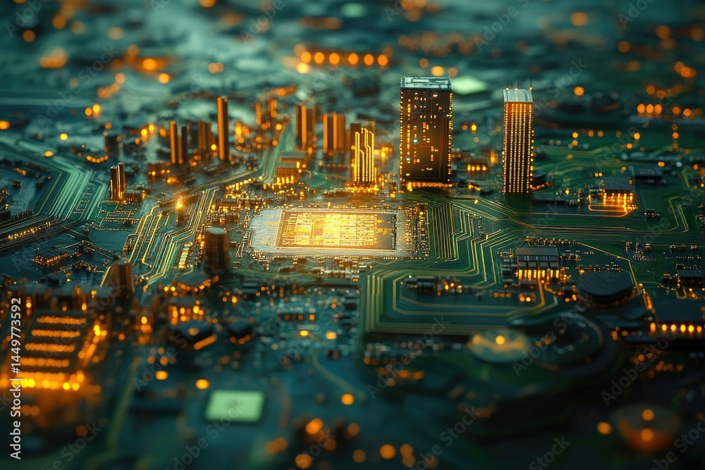 Poster a futuristic cityscape built on a circuit board, showcasing technological advancement and innovation