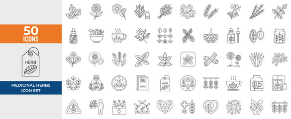 Medicinal Herbs Line Icon Set – Thin Linear Vector Symbols of Echinacea, Ginger, Turmeric, Lavender, Rosemary, Calendula, Lemon Balm, Dandelion & St. John’s Wort
