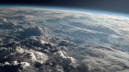 Stunning view of Earth from space, showcasing a breathtaking expanse of clouds illuminated by sunlight. The image is a captivating blend of blues, whites, and grays.