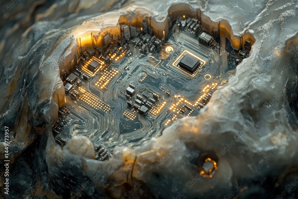 Aufkleber a glowing circuit board embedded within a rocky, crystalline formation, suggesting technological int