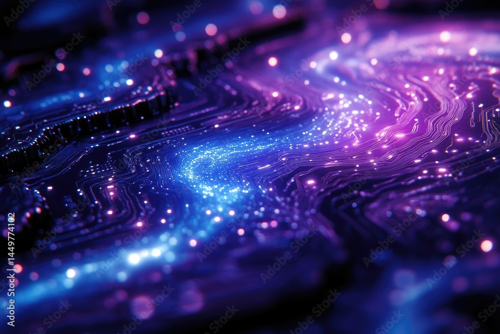 Fototapete abstract close-up of a glowing circuit board, showcasing intricate pathways of light and technology.
