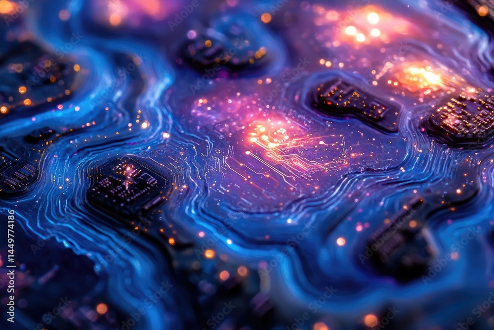 Fototapete Abstract close-up of a circuit board showcasing intricate pathways and glowing nodes, representing technological advancement.