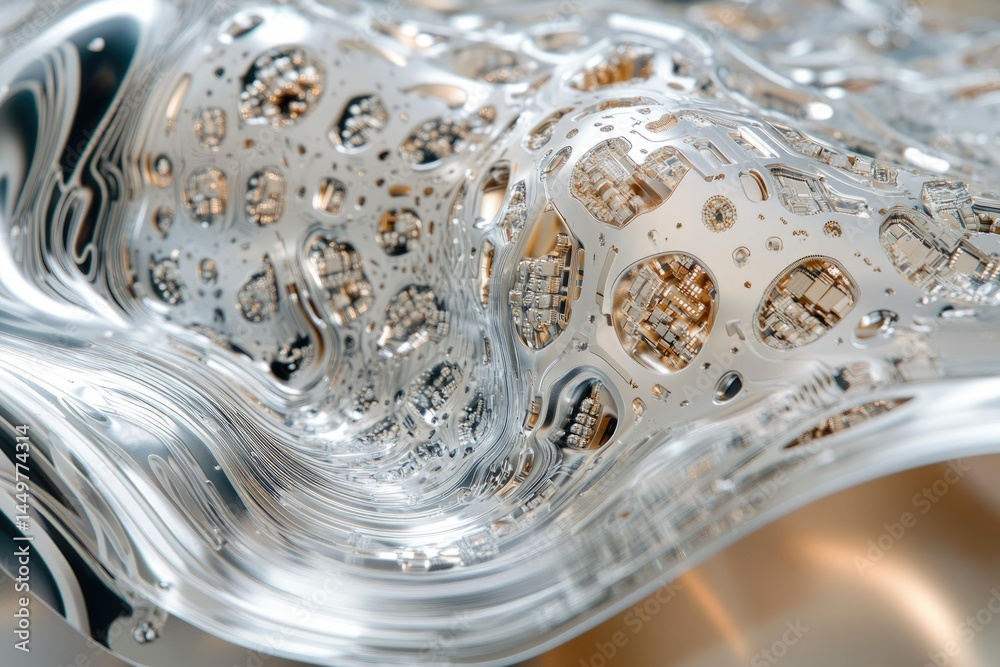 Poster Abstract 3D rendering of a metallic, liquid-like surface with embedded circuit patterns, resembling a futuristic or technological landscape.