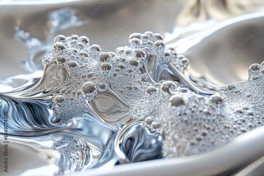 Poster Close-up of a liquid metal surface with numerous bubbles, creating a dynamic, abstract texture.