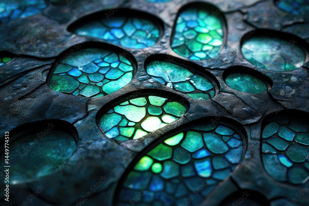 Poster Abstract image of a dark, textured surface with inlaid teal and green mosaic-like patterns.