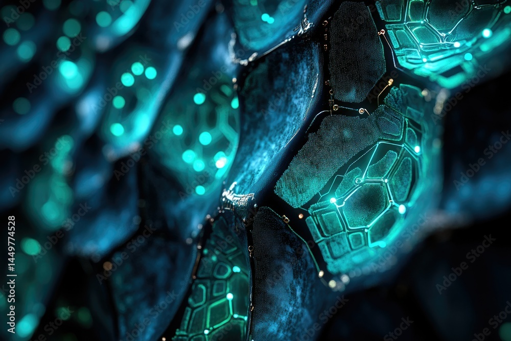 Poster abstract digital art depicting a futuristic, bioluminescent, honeycomb-like structure with glowing t