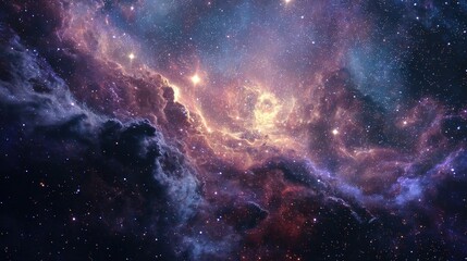 Cosmic clouds of purple, pink, and gold swirl in a breathtaking nebula, sparkling with distant stars.