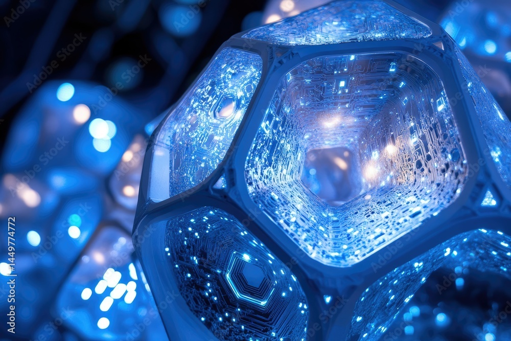 Poster Abstract image of glowing blue geometric shapes resembling futuristic technology or data networks.
